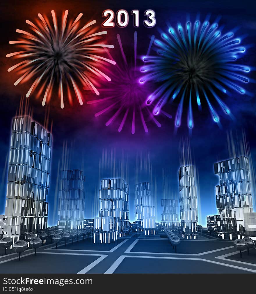 Midnight firework new year celebration over skyscraper city illustration