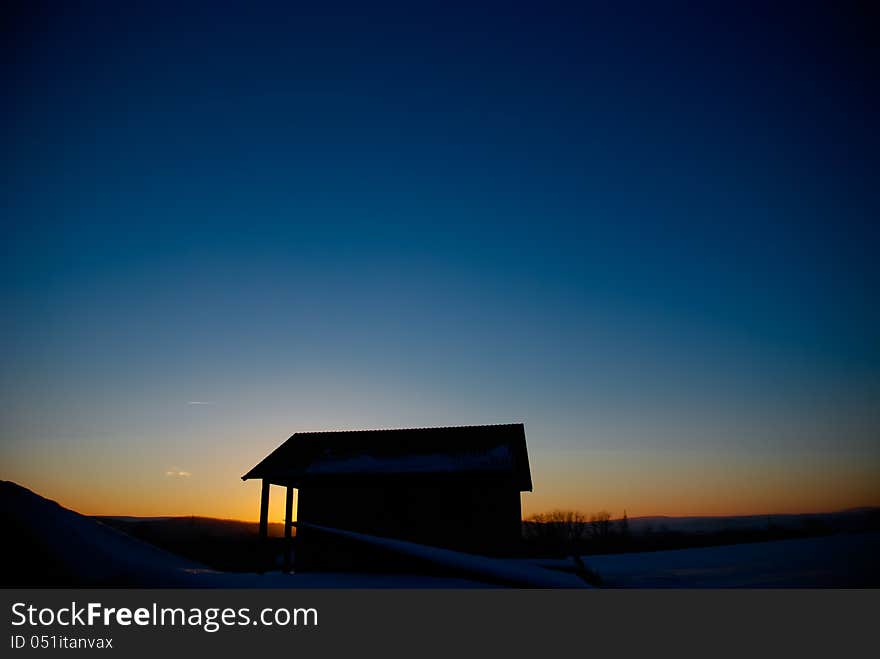 Sunset house during the winter