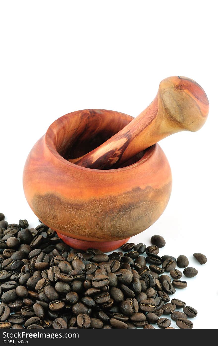 Mortar and pestle and  black coffee