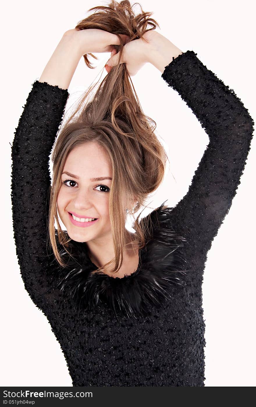 Beautiful girl with long hair isolated on white background