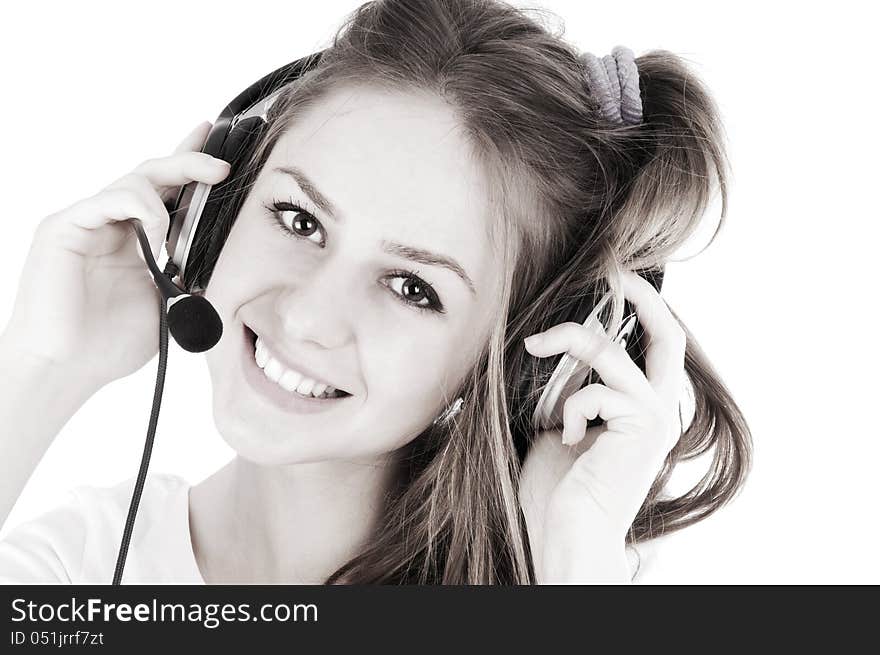 Headset woman in call center standing at billboard