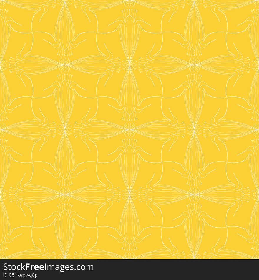 Vintage vector pattern design with delicate calligraphic lines and flowers in bright yellow color, seamless background. Vintage vector pattern design with delicate calligraphic lines and flowers in bright yellow color, seamless background