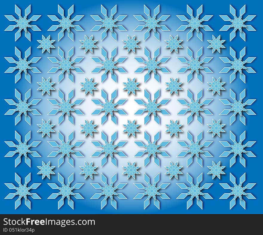 Stars in the shape of snowflakes on a blue winter background