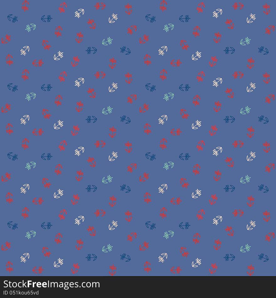 Vector seamless pattern with little colorful flowers on blue field, vintage wallpaper or retro textile. Vector seamless pattern with little colorful flowers on blue field, vintage wallpaper or retro textile