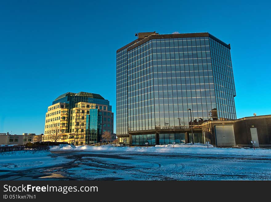 Modern glass building  wintertime late afternoon