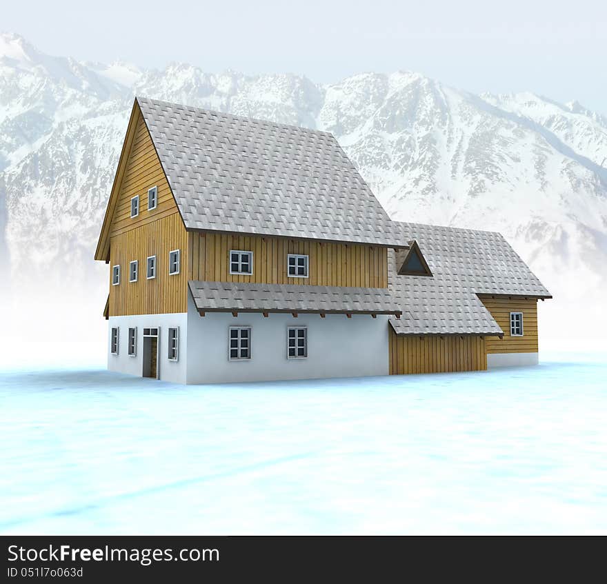 Idyllic mountain cabin with mountain peaks illustration