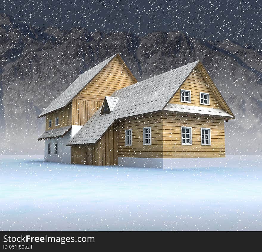 Classical mountain cottage at night snowfall