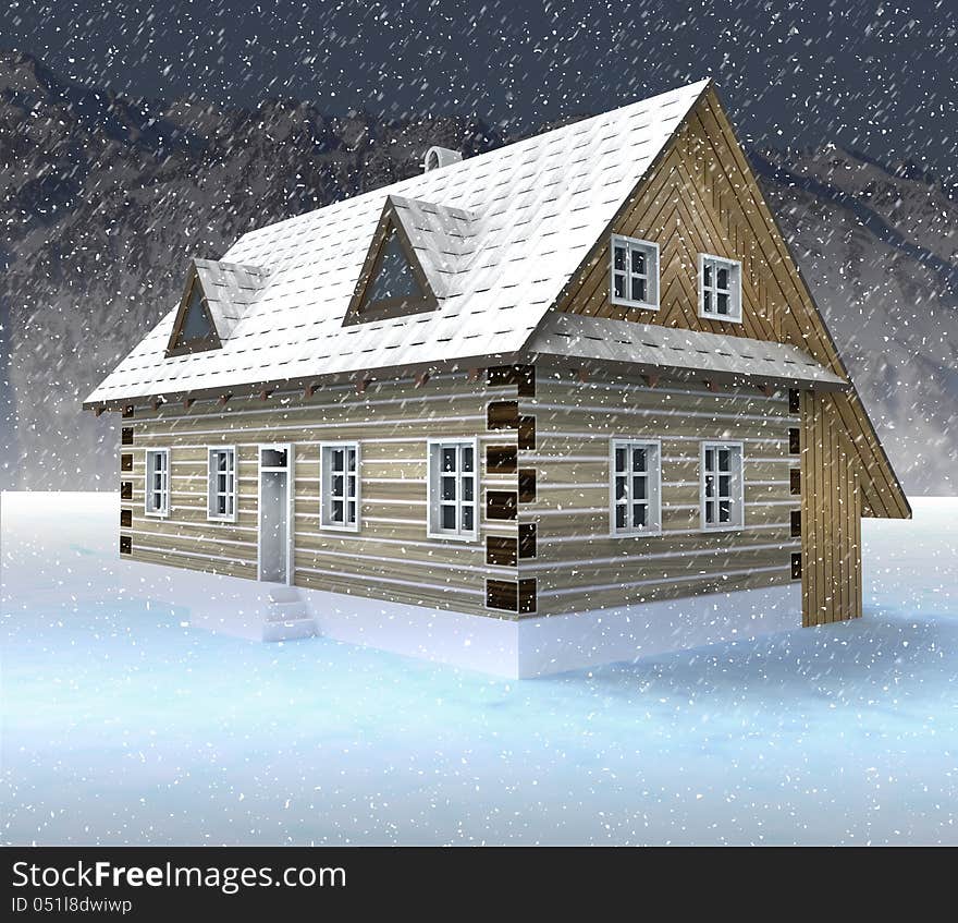 Classical mountain hut at night snowfall