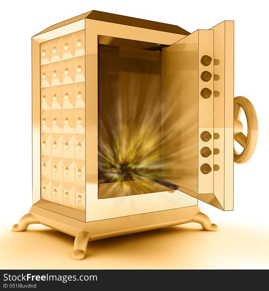 Impregnable gold metallic opened vault with flare render illustration