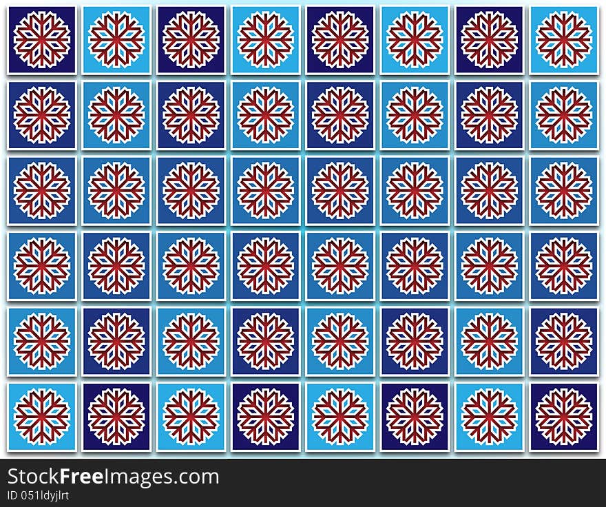 Winter background with snowflakes made up of squares on the grid