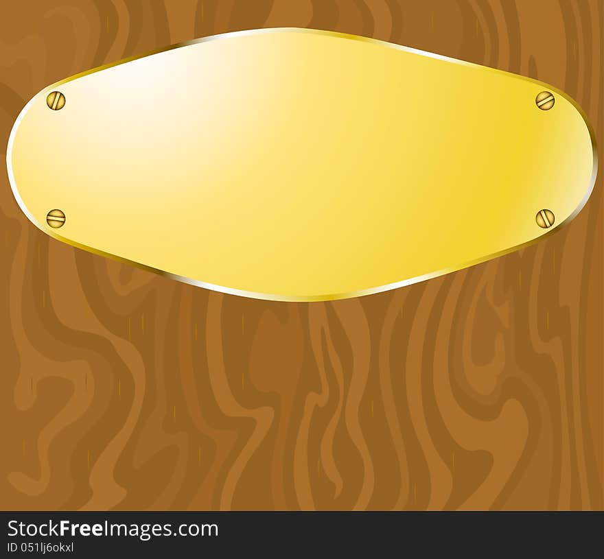 Empty golden sign with wooden plate background