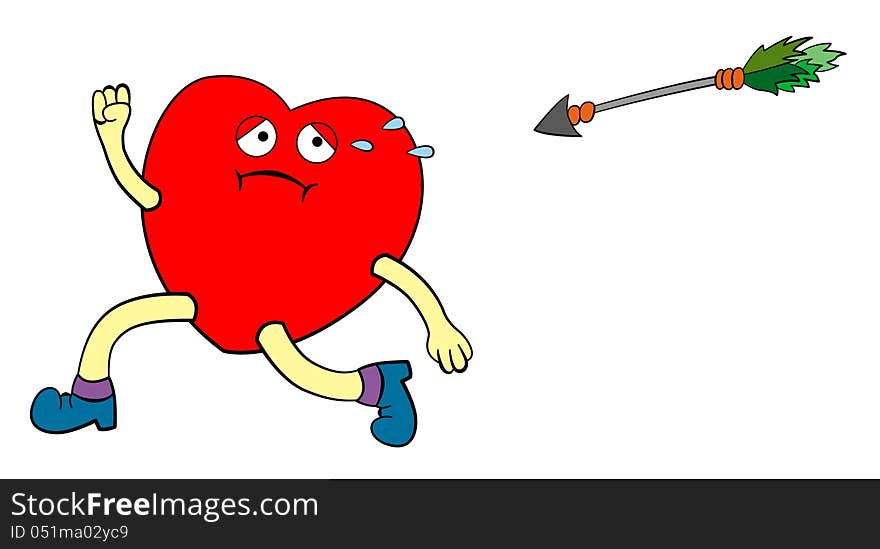 A heart with arms and legs is running away from an arrow. A heart with arms and legs is running away from an arrow