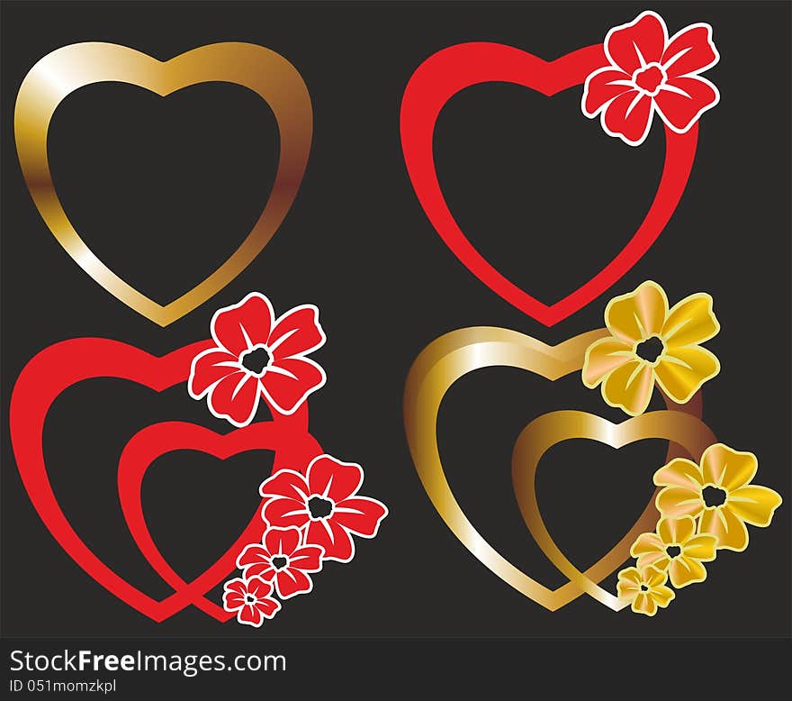 Red and gold hearts with floral decoration on black background