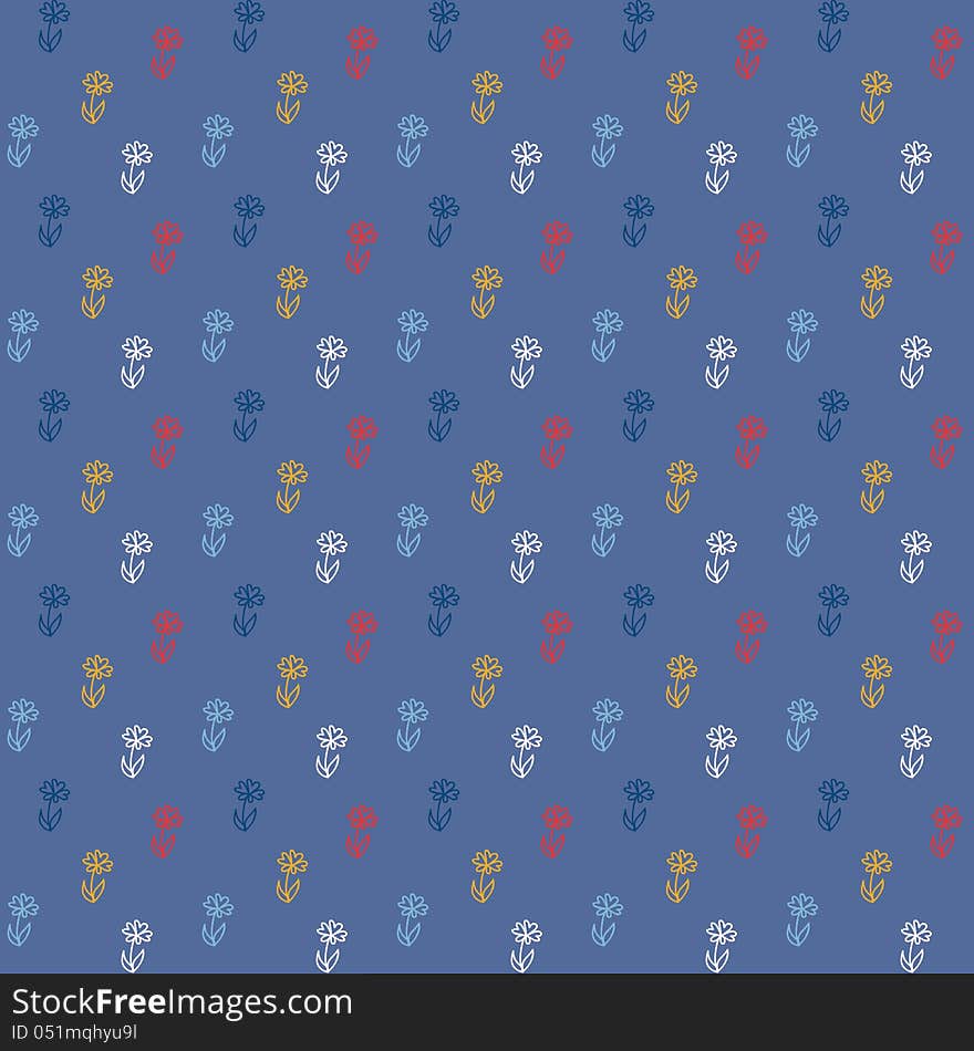 Vector pattern, little colorful flowers on blue