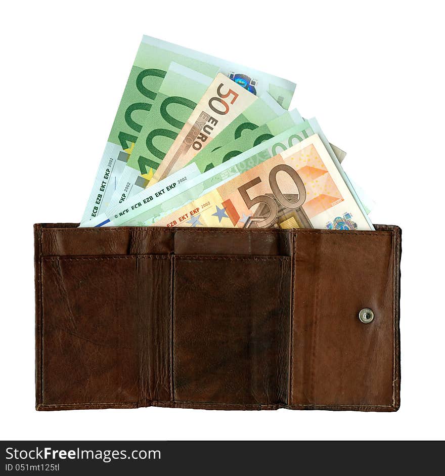 Purse with banknotes on a white background. Purse with banknotes on a white background