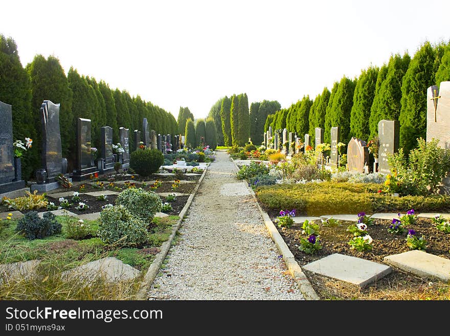 A beautiful cemetery with a lot of plants.