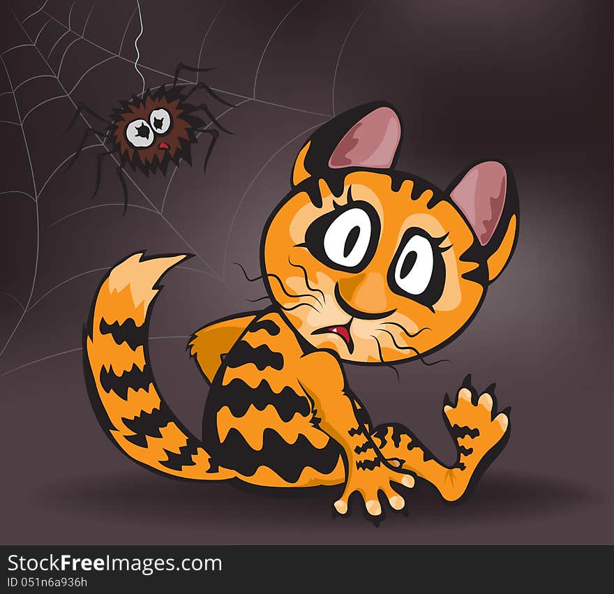 Ginger cat and spider on a dark brown background, vector illustration