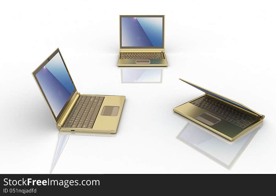 Three laptops over white background. Three laptops over white background