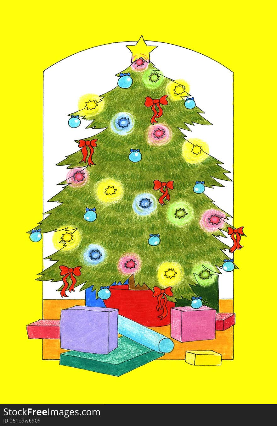 Pencil illustration of a Christmas tree and presents