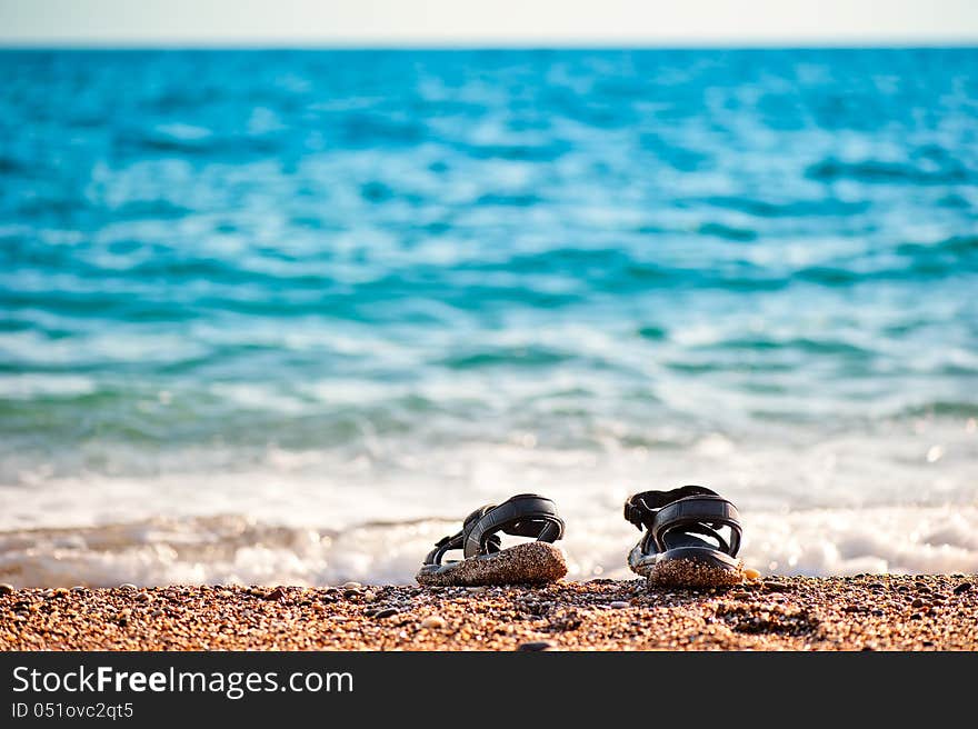 Beach shoes at the edge of the sea on the sandy beach.