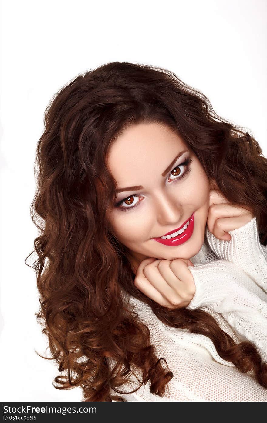 Portrait Of Beautiful Brunette Woman In White Knitted Jersey - Pretty Smile