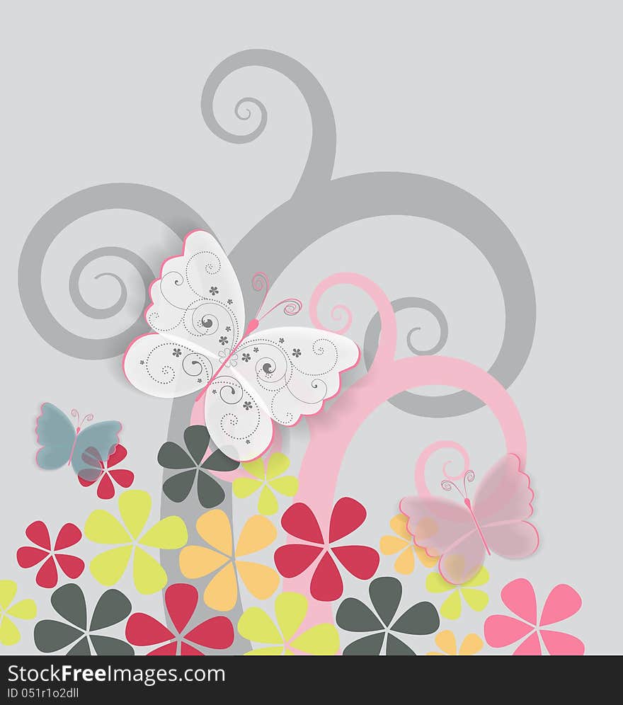 Colorful flowers and butterflies on gray background. Colorful flowers and butterflies on gray background