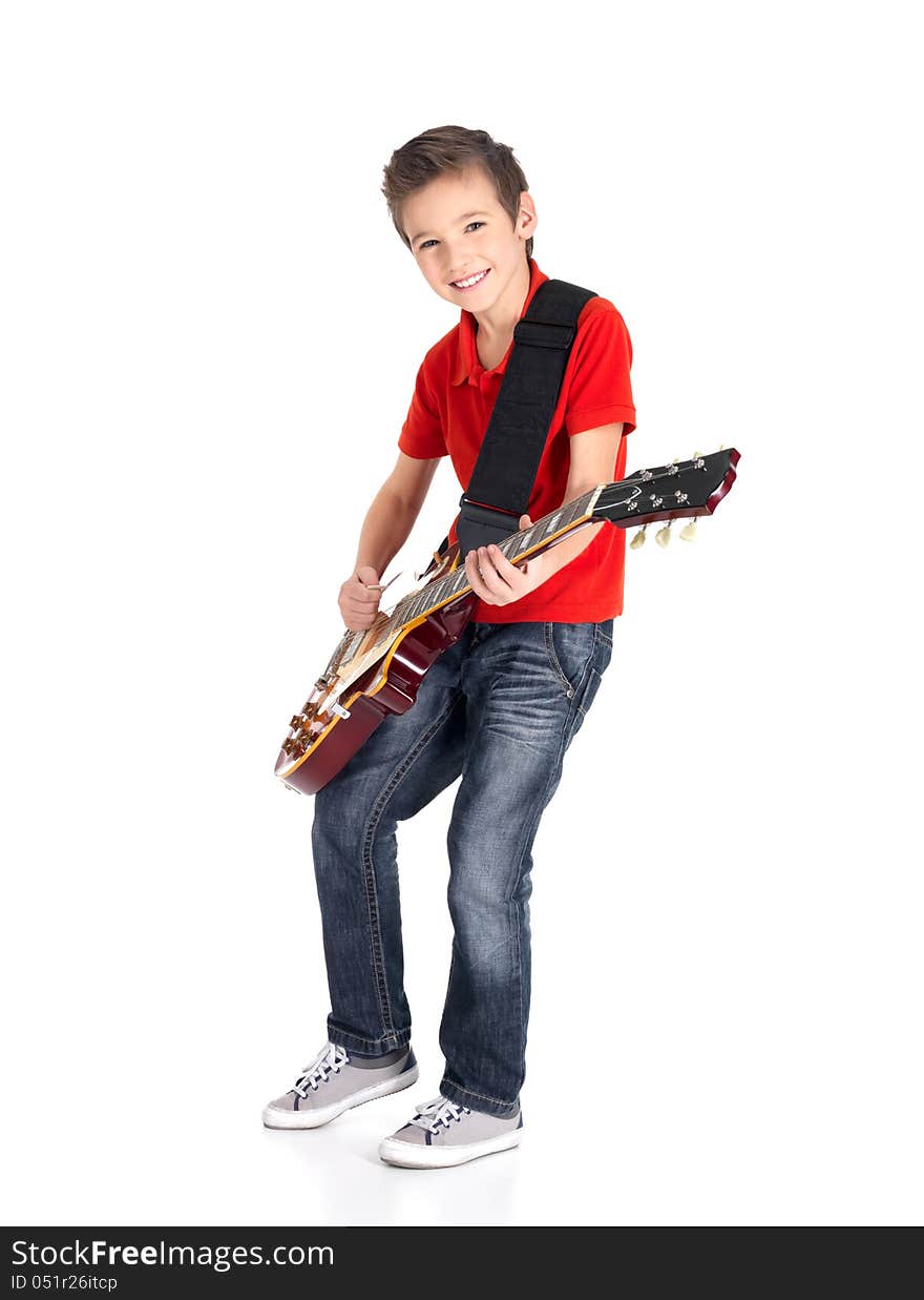 Portrait of young boy with a electric guitar - isolated on white background