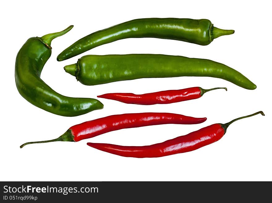 Green and red hot  pepper chili isolated over white background. Green and red hot  pepper chili isolated over white background