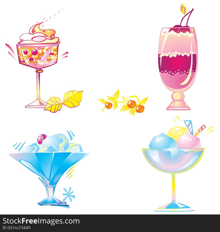 Vector illustration of ice-cream, whipped cream and cocktail on white background. Vector illustration of ice-cream, whipped cream and cocktail on white background