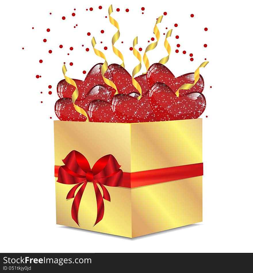 box of gold color with hearts and serpentine is decorated by a red ribbon. box of gold color with hearts and serpentine is decorated by a red ribbon