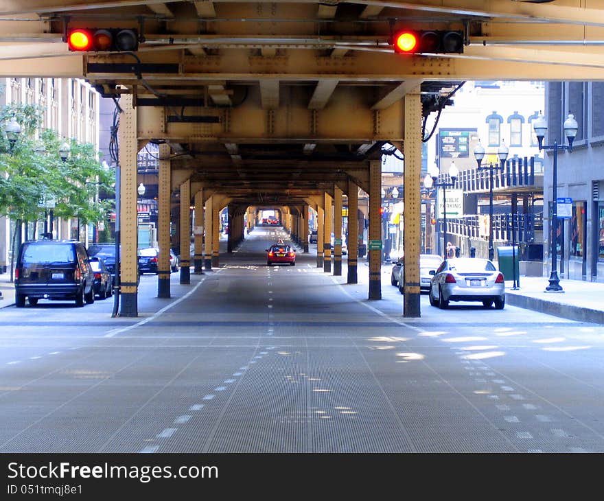 Elevated train tracks in Chicago downtown