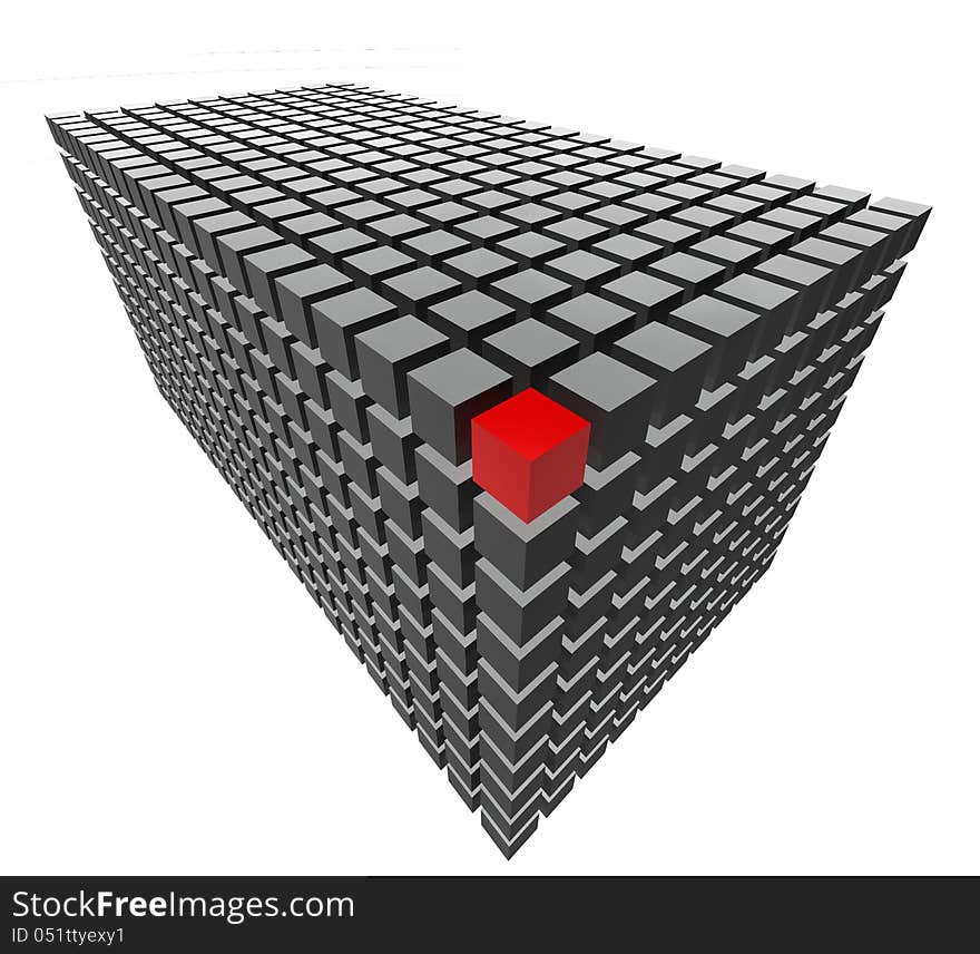 A red cube at the end of a grey block of cubes done in cinema 4d. A red cube at the end of a grey block of cubes done in cinema 4d