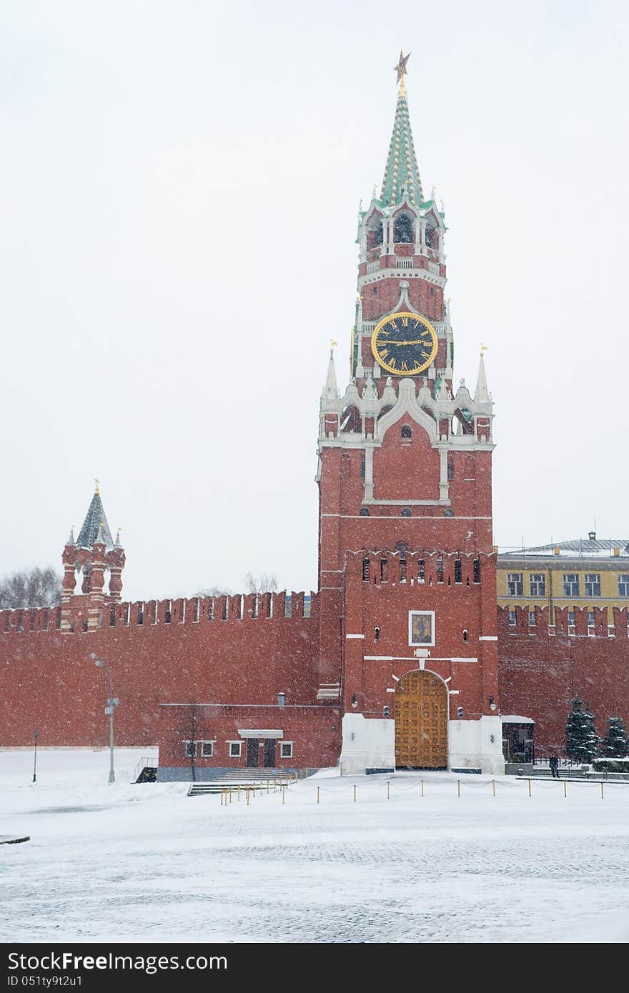 Spasskaya Tower Of Kremlin In Moscow During Snowstorm