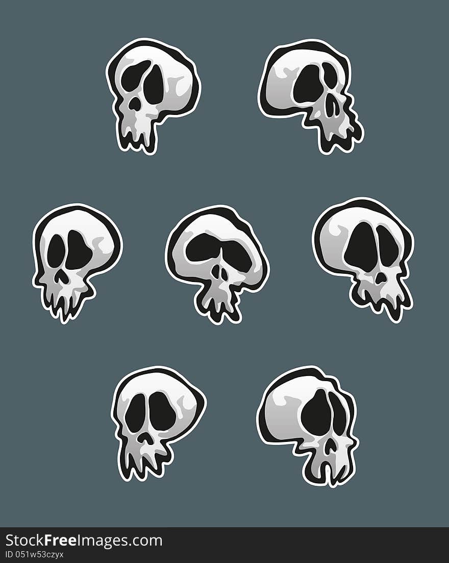 Simple cartoon illustrations of seven skulls. EPS v.10 file with multiply transparency used in the shadow layers. Enjoy!!!