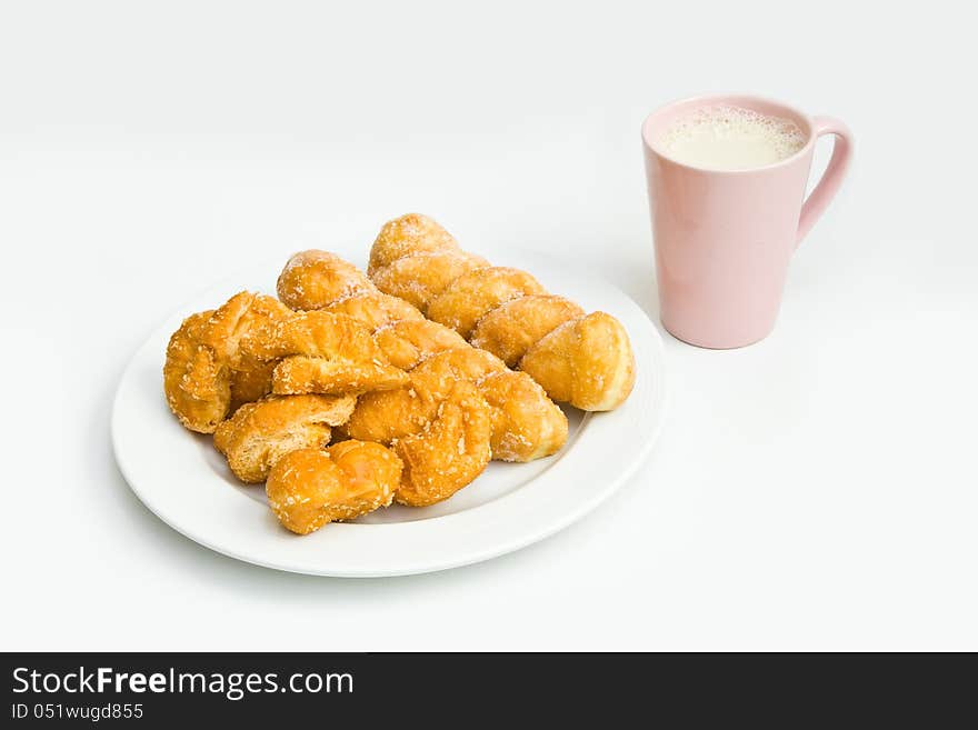 BREAD AND SOY MILK ON WHITE BACKGROUND