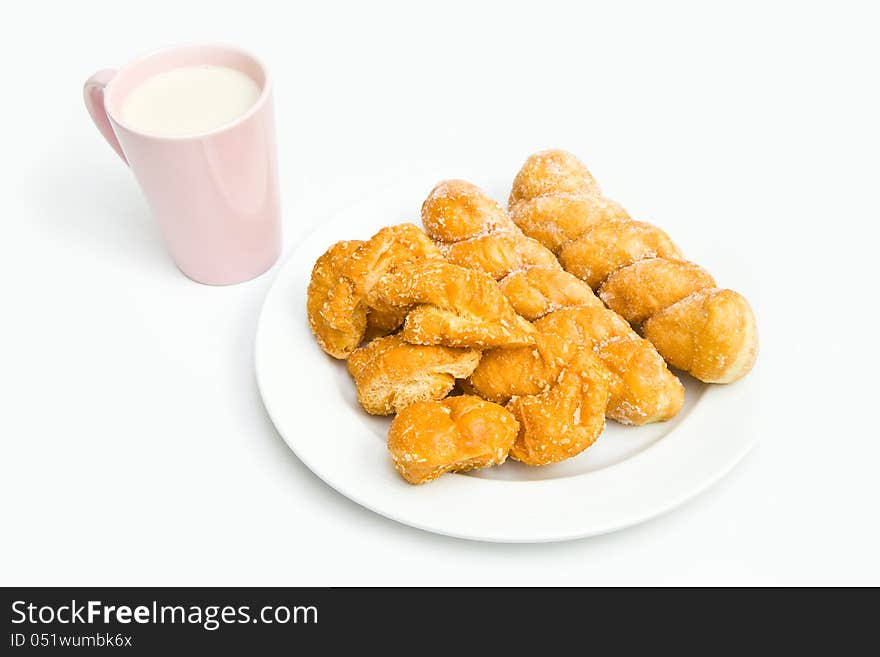 BREAD AND SOY MILK ON WHITE BACKGROUND