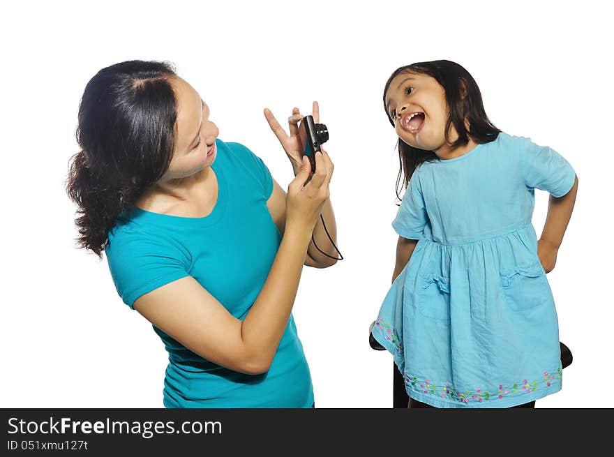 Mother and daughter taking own photography with camera