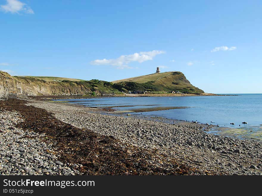 View of Clavell Tower, Jurassic Coast, Dorset from beach