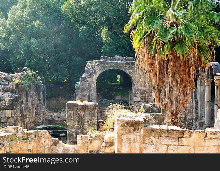 Fragment  ruined ancient Roman bathhouse with hot thermal water, which flows out of the ground. Fragment  ruined ancient Roman bathhouse with hot thermal water, which flows out of the ground