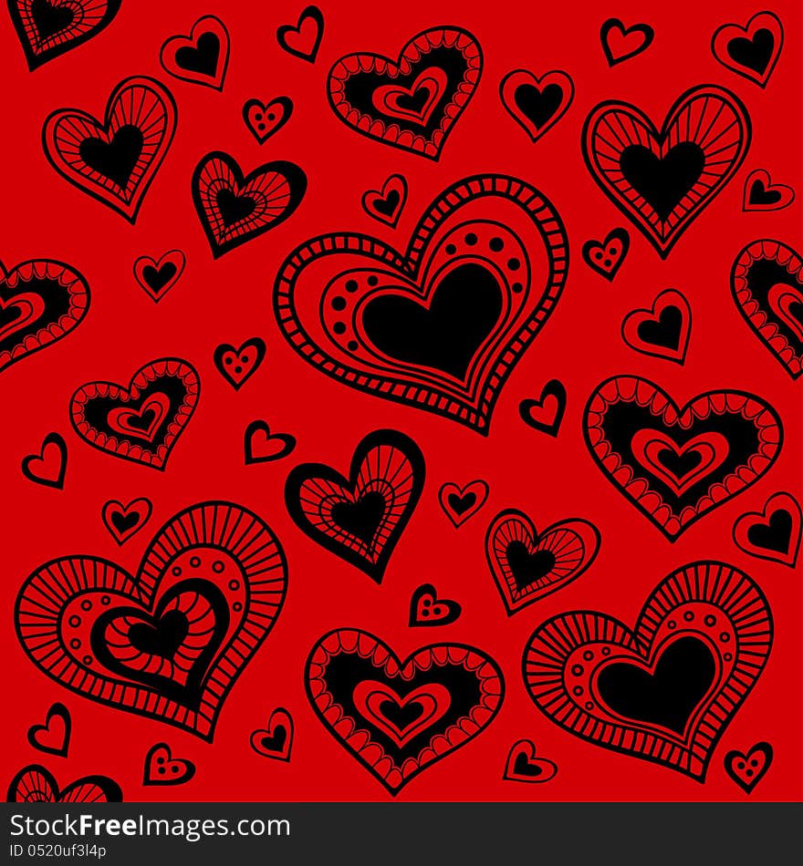 Red pattern with hearts. You can use it for packaging design, textile design and scrapbooking. Red pattern with hearts. You can use it for packaging design, textile design and scrapbooking.