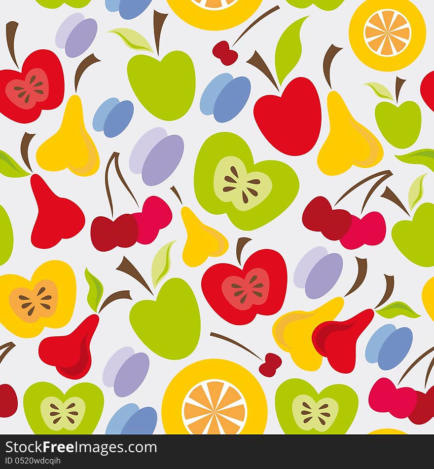 Seamless fruits pattern with apple, pear, cherry, plum and orange.