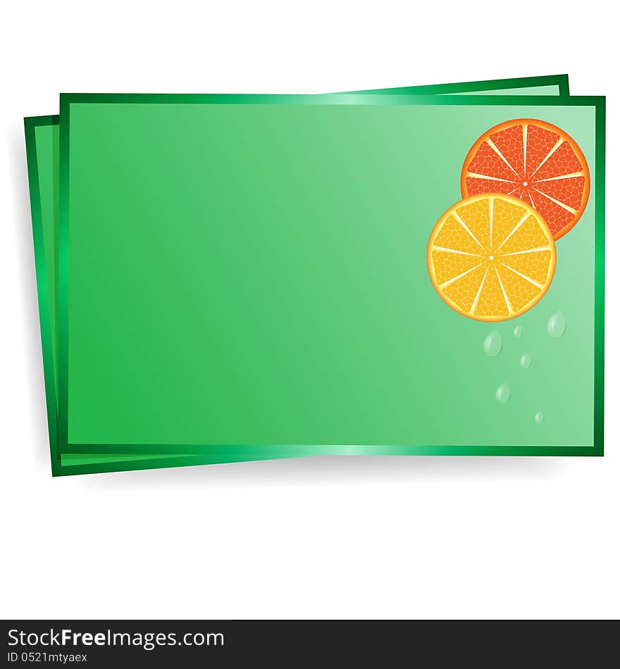 postal of green color with the image of lobules of orange and drops of water. postal of green color with the image of lobules of orange and drops of water