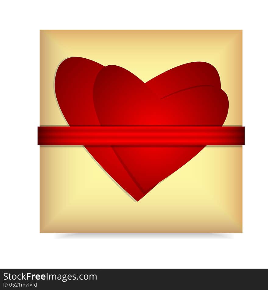 box of gold color with two hearts is decorated by a red ribbon. box of gold color with two hearts is decorated by a red ribbon