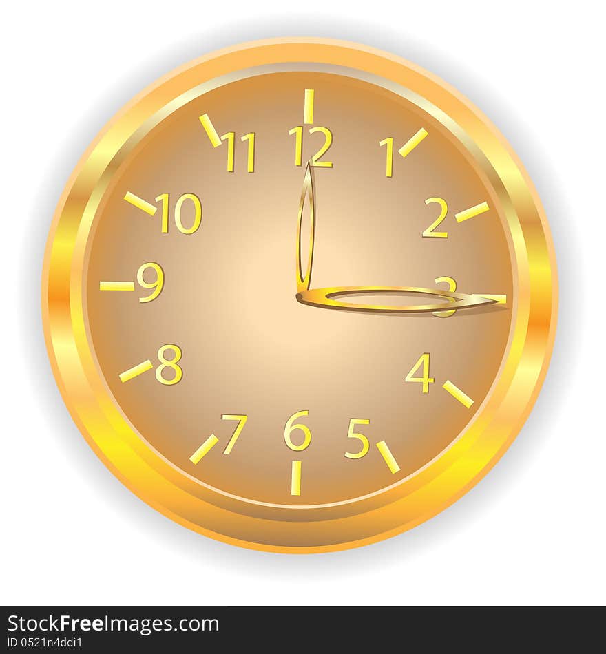 clock of gold color with numbers and pointers on a white background. clock of gold color with numbers and pointers on a white background