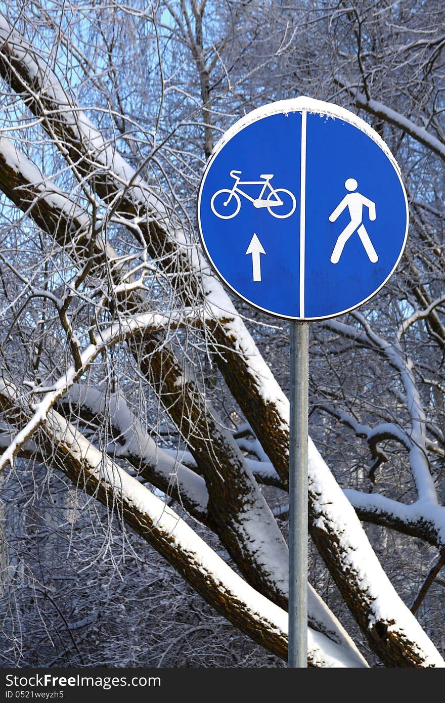 Blue road sign on the winter natural background. Blue road sign on the winter natural background