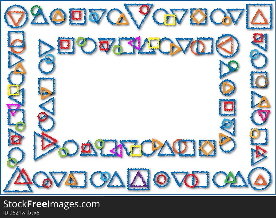 Colorful geometric shapes drawn on a white background in two rows. Colorful geometric shapes drawn on a white background in two rows