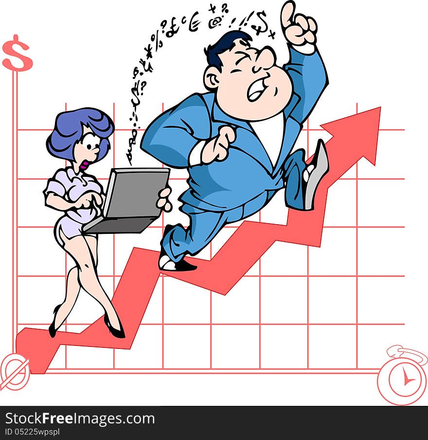 The illustration shows the boss man and the girl secretary on the background of the  of the symbolic schedule. Illustration done in cartoon style on white background.