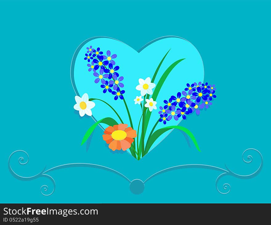 Beautiful field flowers in a frame in the form of heart. Beautiful field flowers in a frame in the form of heart