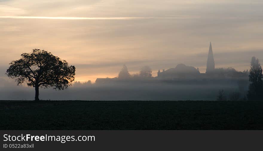 Dawn over French village in Charente. Dawn over French village in Charente