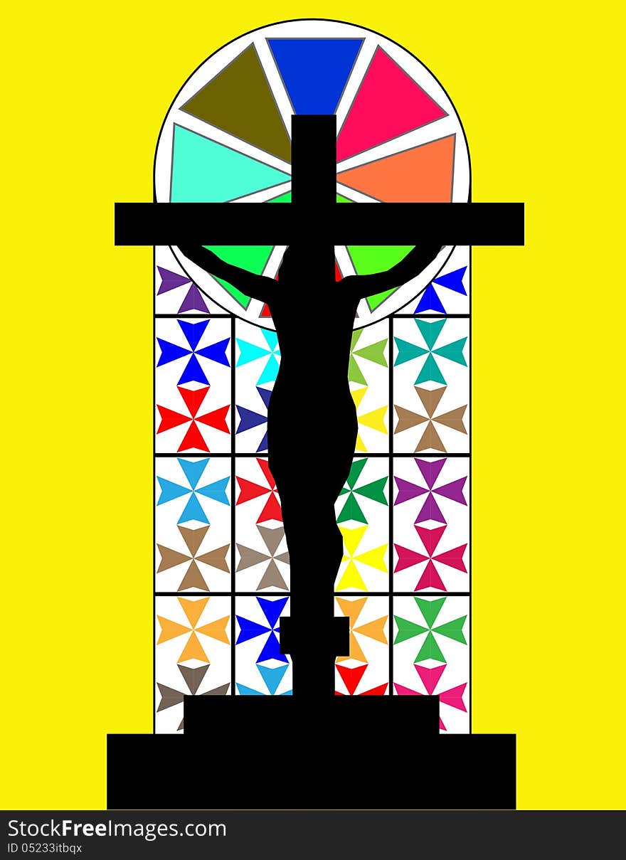 Black Cross on The Colorful Cristal Wall in Temple